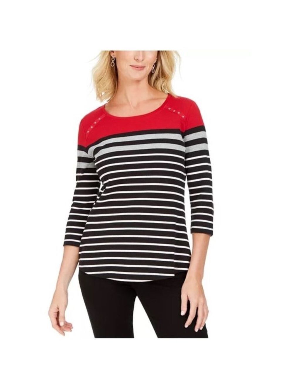 Karen Scott Sport Colorblocked Striped Grommet Top